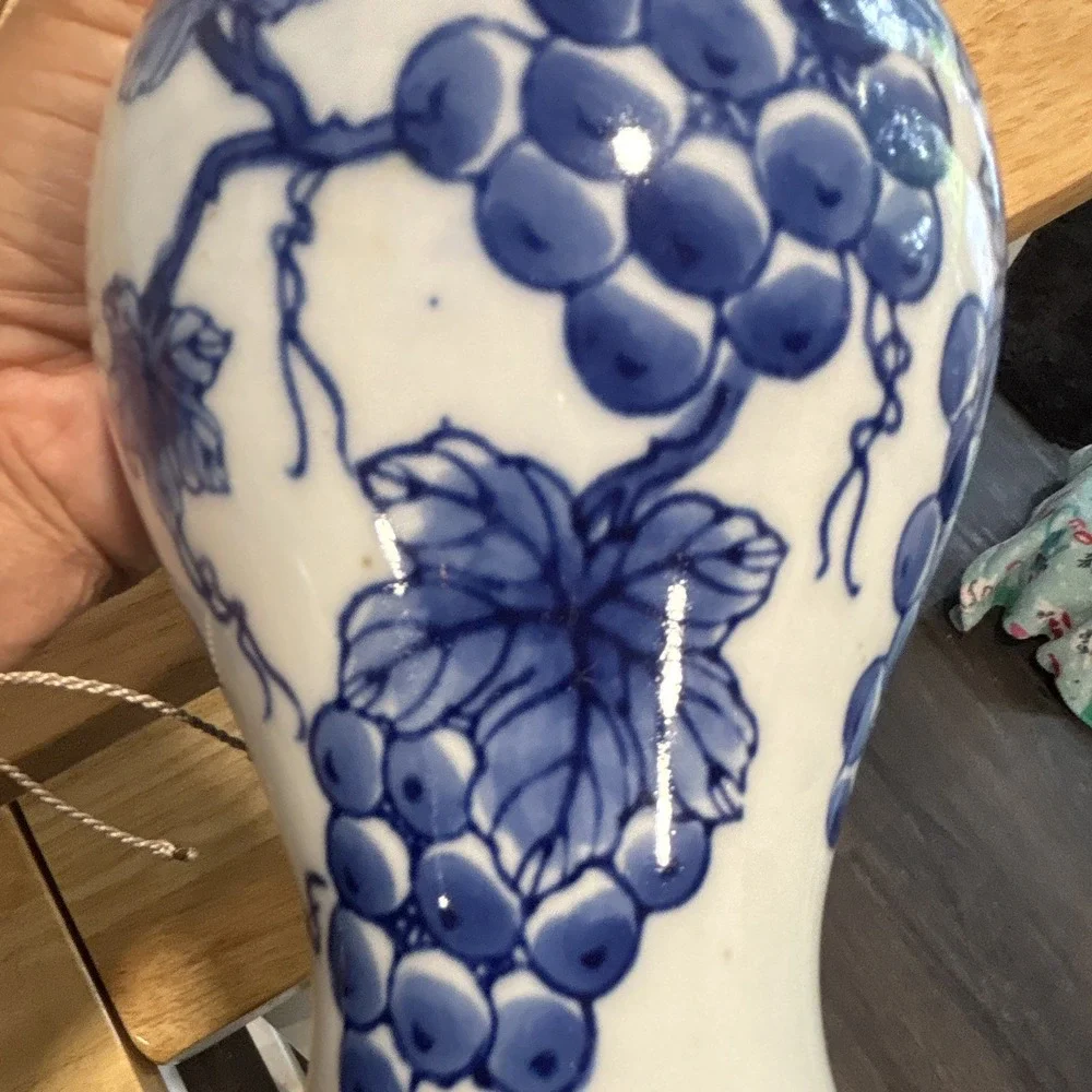 Vintage Pair Blue & White Ceramic Vases Grapevine Pattern Glossy